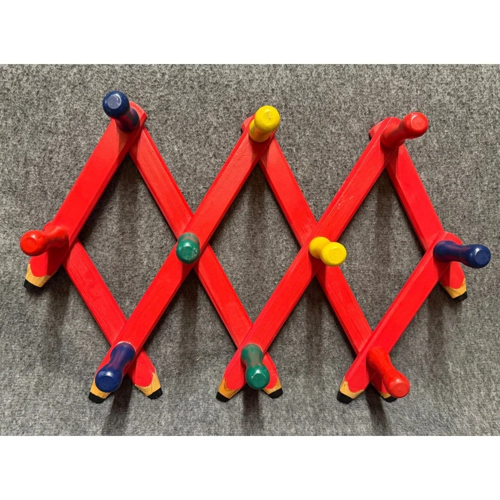 Vintage Pencil Accordion Wall Rack Wood Expandable 10 Peg Coat Hat Hanger Red